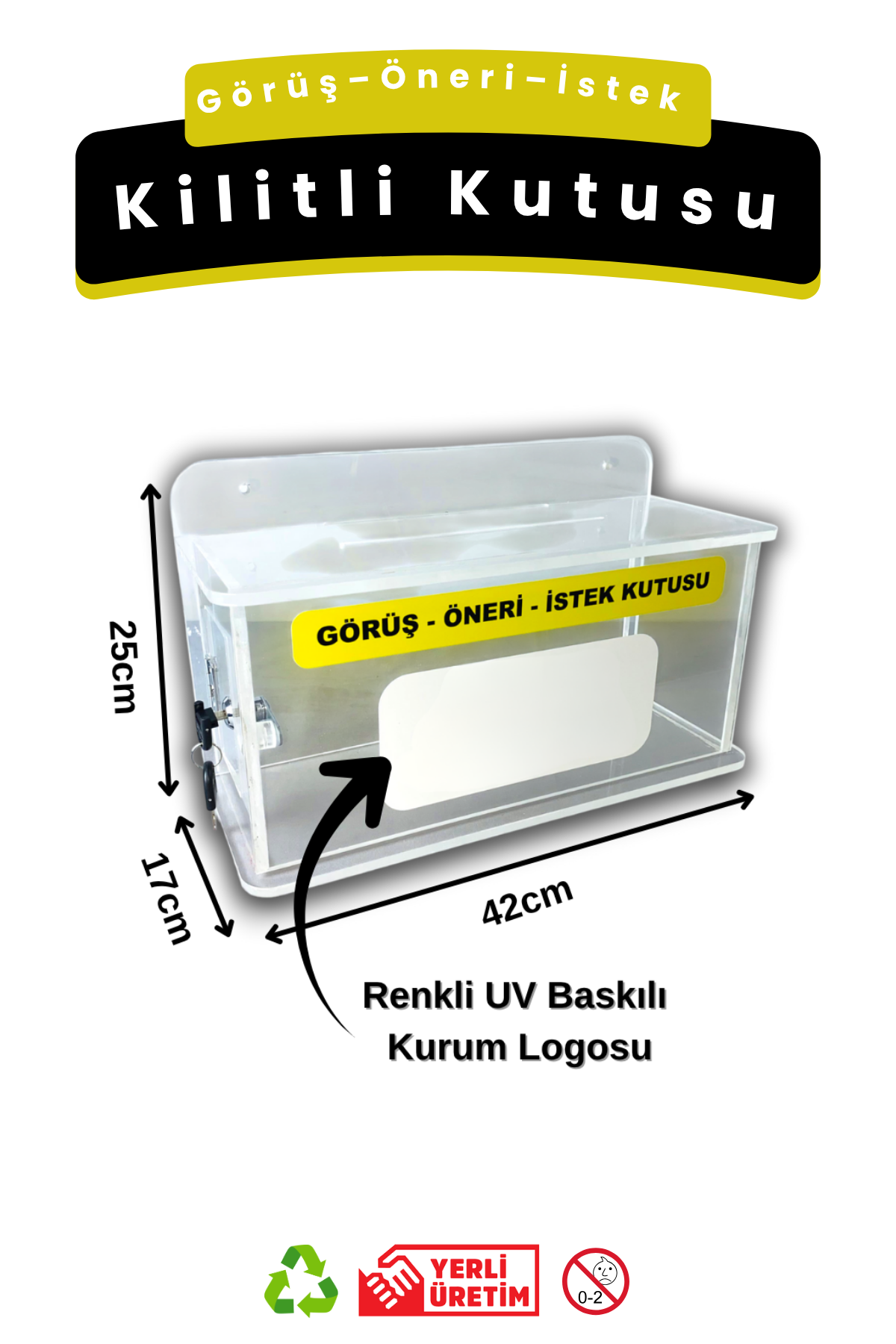 20 Görüş–Öneri–İstek Kutusu Şeffaf Pleksi Kilitli (• Duvar Tipi • UV Baskılı Logolu • 42×17×25 cm) - Görsel 1